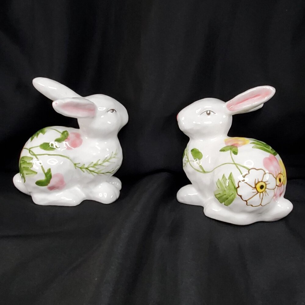 Ceramic Bunny Rabbit Figurines Spring Floral Design Decor Set Of 2 - Picture 2 of 10